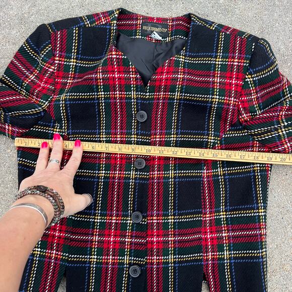 VTG 80s Requirements Red Black Holiday Christmas Plaid Crop Wool Blend Blazer 12 - Picture 7 of 9